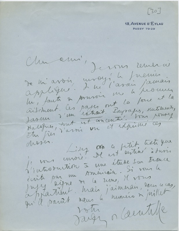 Lettre de Jacques de Lacretelle à Jean Paulhan (1930)