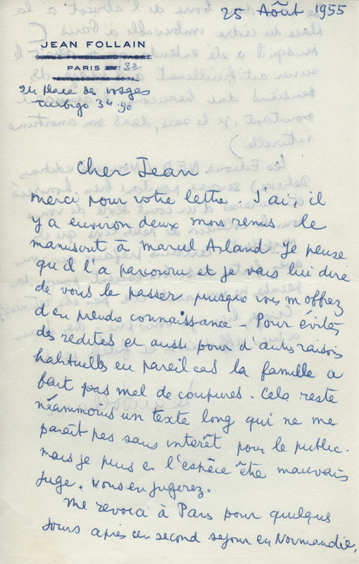 Lettre de Jean Follain à Jean Paulhan, 1955-08-25