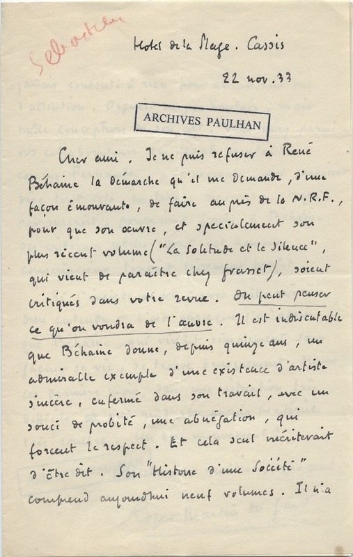 Lettre de Roger Martin du Gard à Jean Paulhan, 1933-11-22