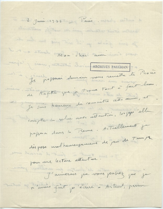 Lettre d'André Rolland de Renéville à Jean Paulhan, 1932-06-02