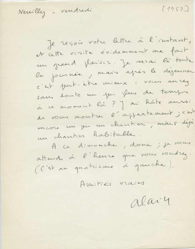 Lettre d'Alain Robbe-Grillet à Jean Paulhan, 1957