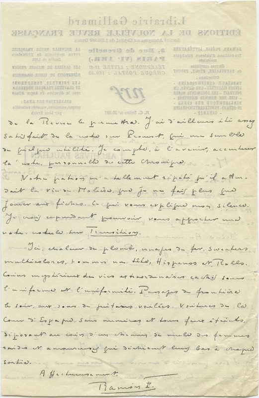 Lettre de Ramon Fernandez à Jean Paulhan (5 août 1928)