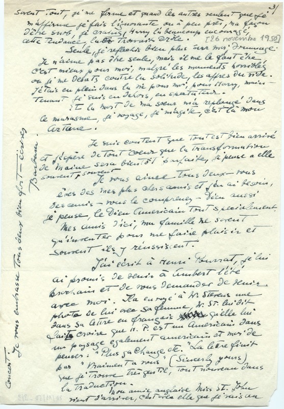 Lettre de Barbara Church à Jean Paulhan (26 novembre 1950)
