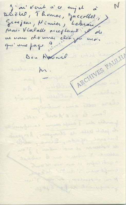 Lettre de Marcel Arland à Jean Paulhan, 1958