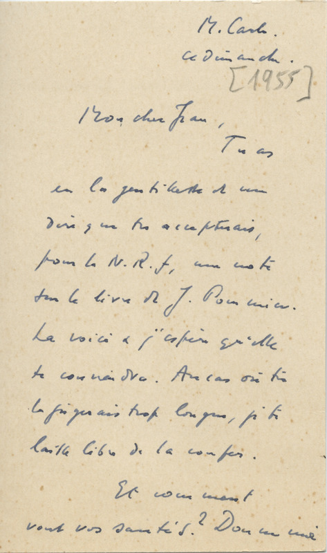 Lettre de Léon Bopp à Jean Paulhan, 1955