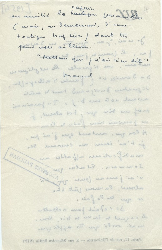 Lettre de Marcel Arland à Jean Paulhan, 1954