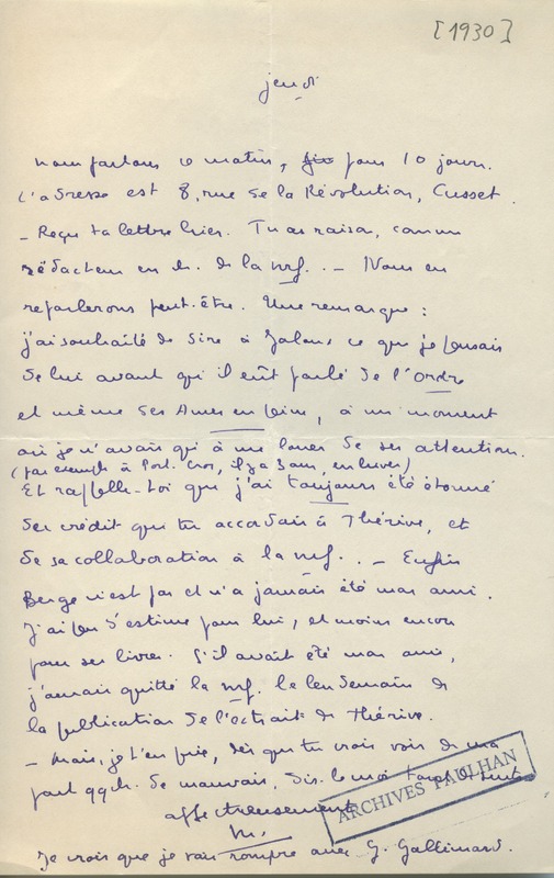 Lettre de Marcel Arland à Jean Paulhan, 1930