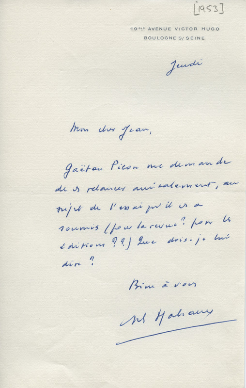 Lettre d'André Malraux à Jean Paulhan, 1953