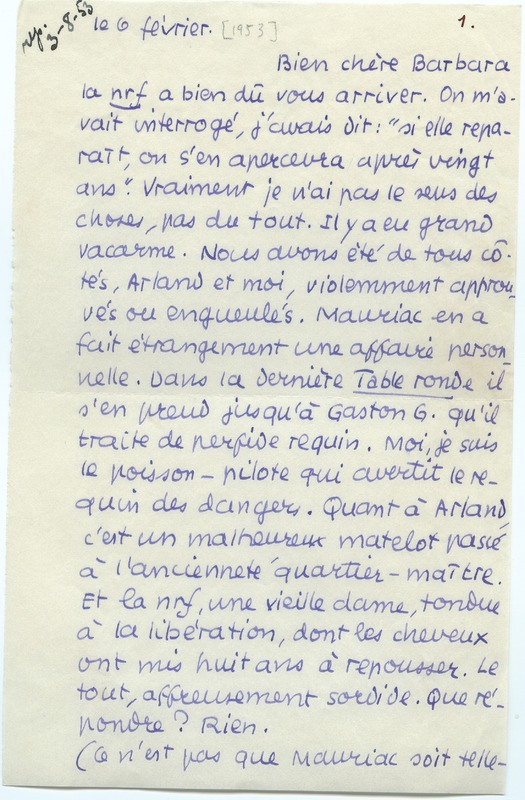 Lettre de Jean Paulhan à Barbara Church (6 février 1953)