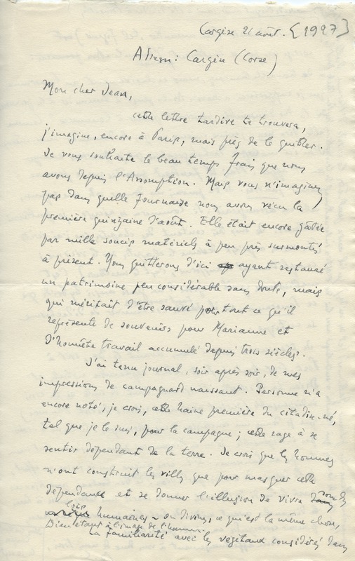 Lettre de Benjamin Crémieux à Jean Paulhan, 1927-08-21