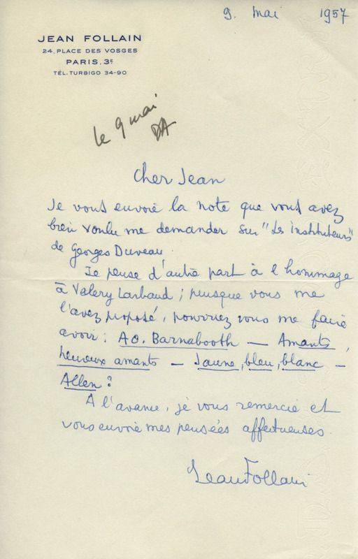 Lettre de Jean Follain à Jean Paulhan, 1957-05-09