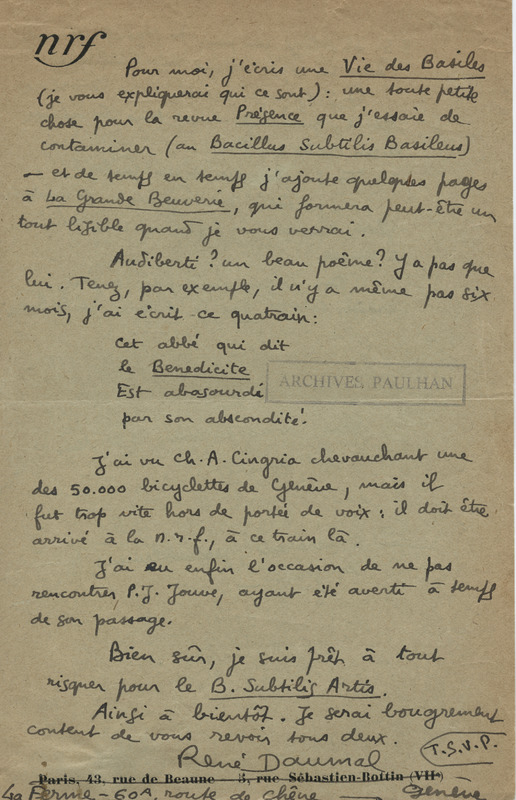 Lettre de René Daumal à Jean Paulhan, 1934-10-22