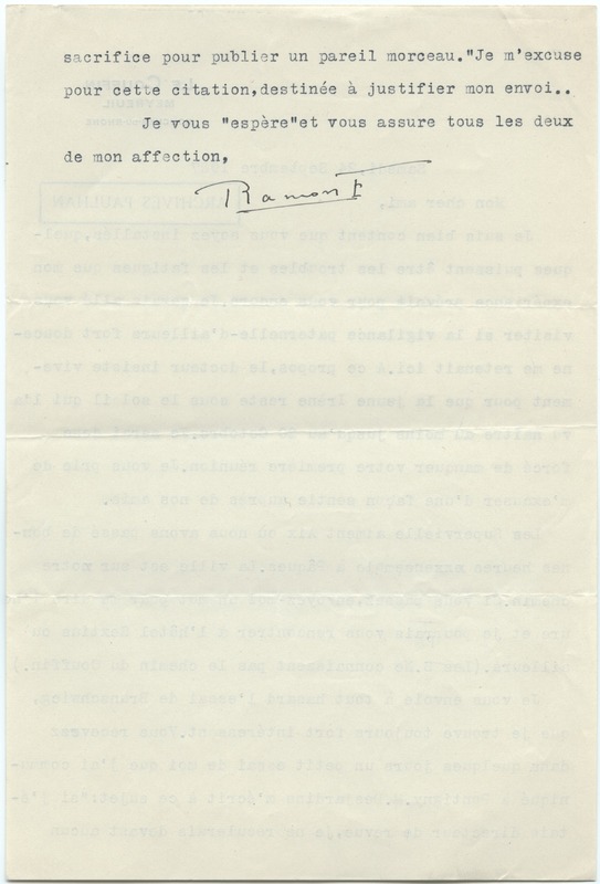Lettre de Ramon Fernandez à Jean Paulhan (1927)