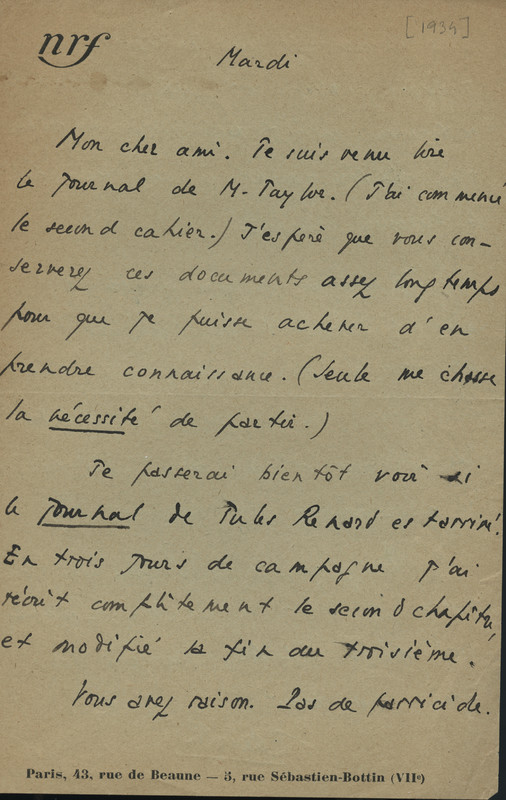 Lettre de René Étiemble à Jean Paulhan, 1934