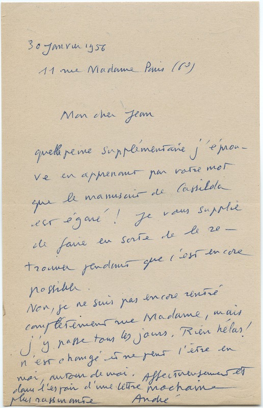 Lettre d'André Rolland de Renéville à Jean Paulhan, 1956-01-30