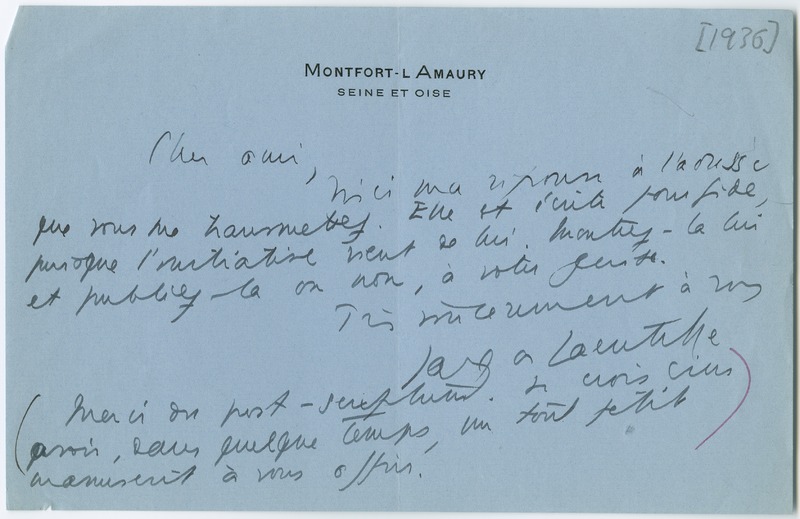 Lettre de Jacques de Lacretelle à Jean Paulhan (1936)