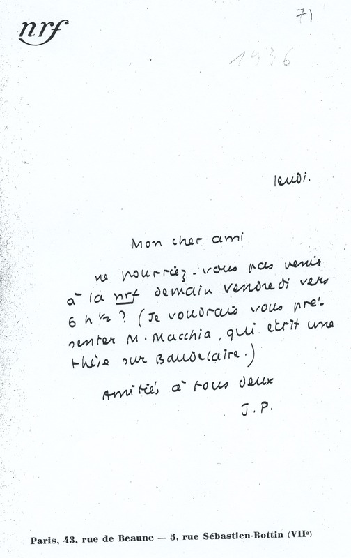 Lettre de Jean Paulhan à André Rolland de Renéville, 1936