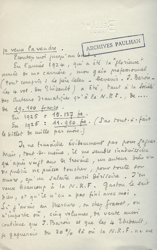 Lettre de Roger Martin du Gard à Jean Paulhan, 1927-11-06