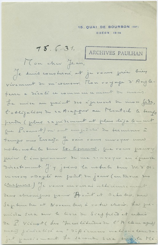 Lettre de Ramon Fernandez à Jean Paulhan (16 juin 1931)