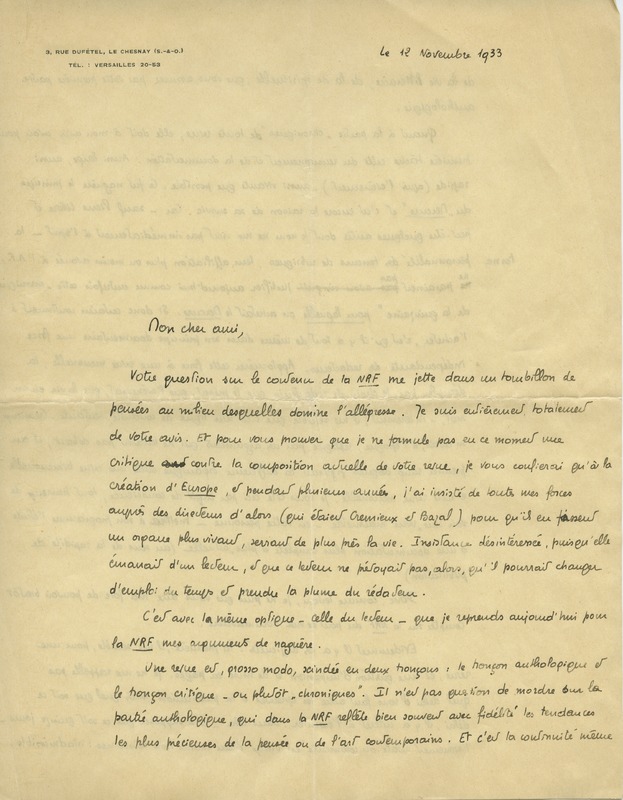 Lettre de Pierre Abraham à Jean Paulhan, 1933-11-12