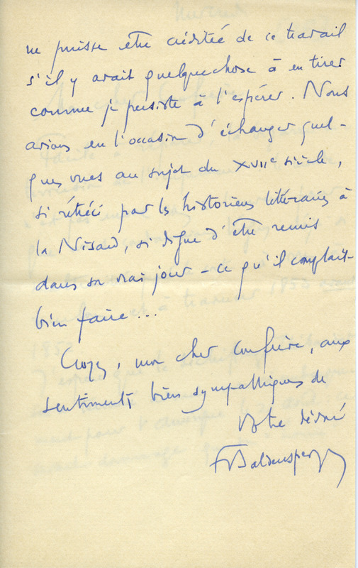 Lettre de Fernand Baldensperger à Jean Paulhan, 1936