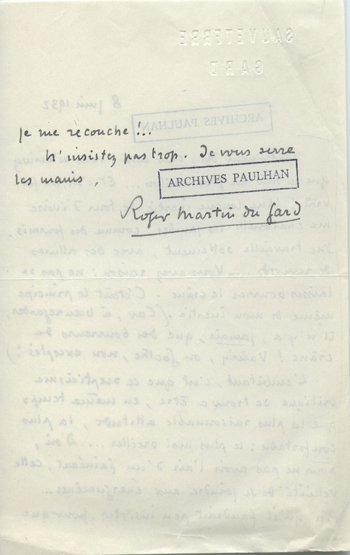 Lettre de Roger Martin du Gard à Jean Paulhan, 1932-06-08