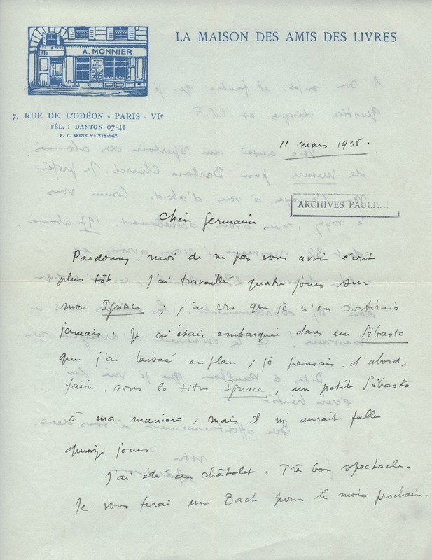 Lettre d'Adrienne Monnier à Jean Paulhan, 1936-03-11