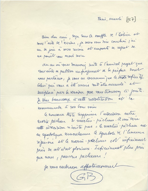 Lettre de Gabriel Bounoure à Jean Paulhan, 1957 Lettre de Gabriel Bounoure à Jean Paulhan, 1957