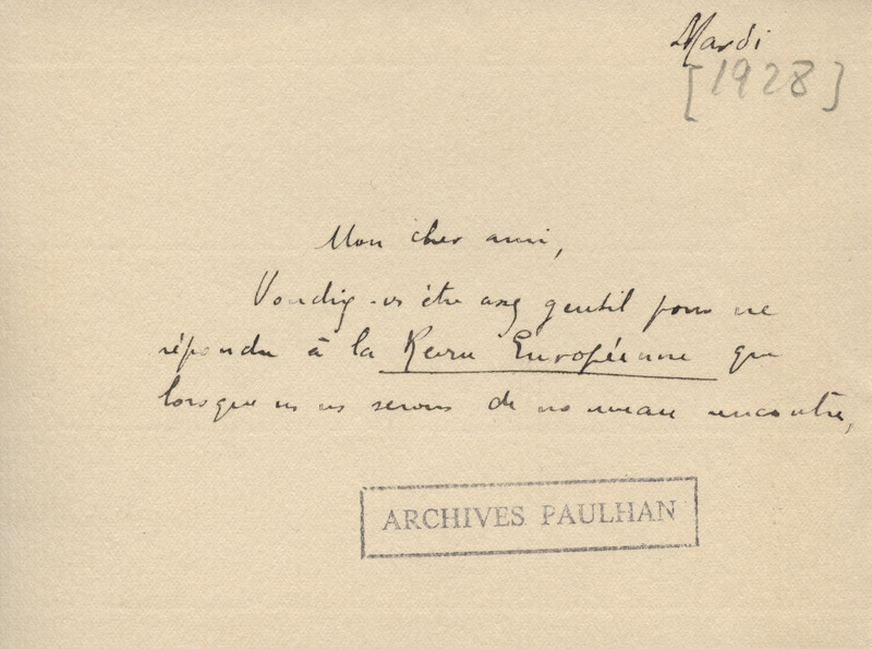 Lettre d'André Malraux à Jean Paulhan, 1928