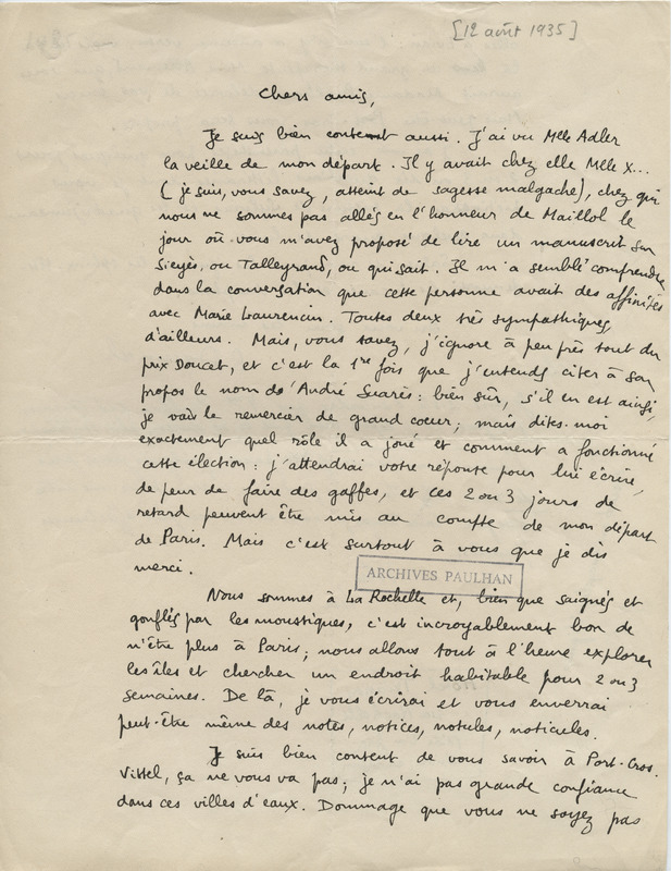 Lettre de René Daumal à Jean Paulhan, 1935-08-12