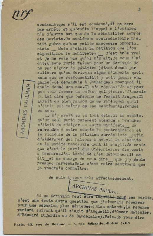 Lettre de Roger Martin du Gard à Jean Paulhan, 1932-02-18