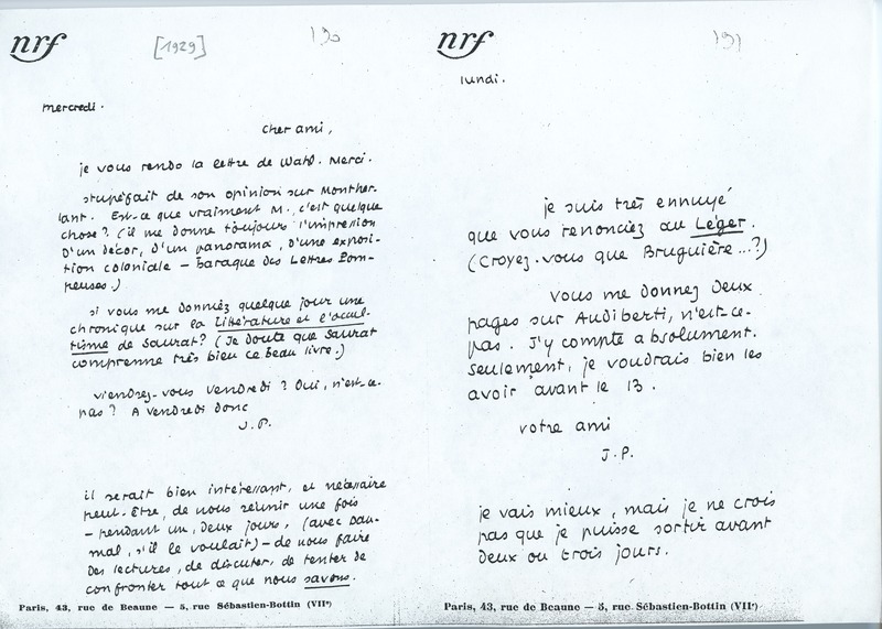 Lettre de Jean Paulhan à André Rolland de Renéville, 1929