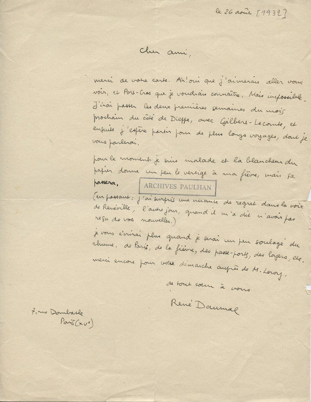 Lettre de René Daumal à Jean Paulhan, 1932-08-26 Lettre de René Daumal à Jean Paulhan, 1932-08-26
