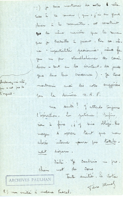 Lettre de Pierre Minet à Jean Paulhan, 1932-06-17