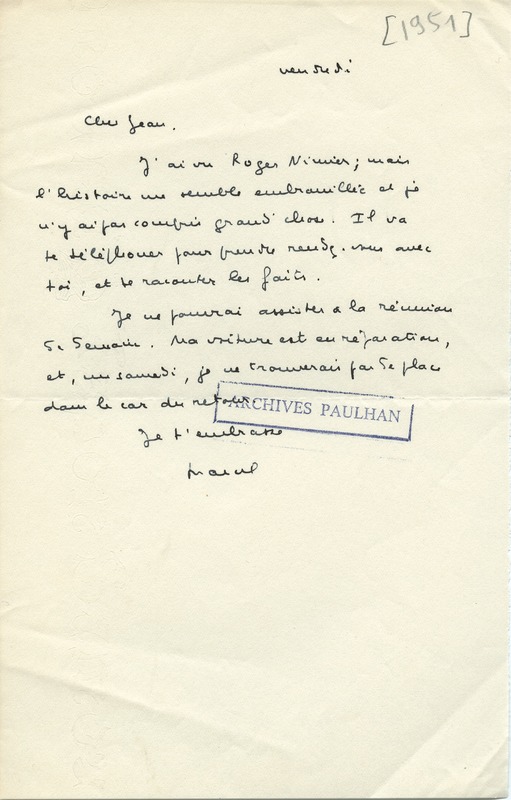 Lettre de Marcel Arland à Jean Paulhan, 1951 Lettre de Marcel Arland à Jean Paulhan, 1951
