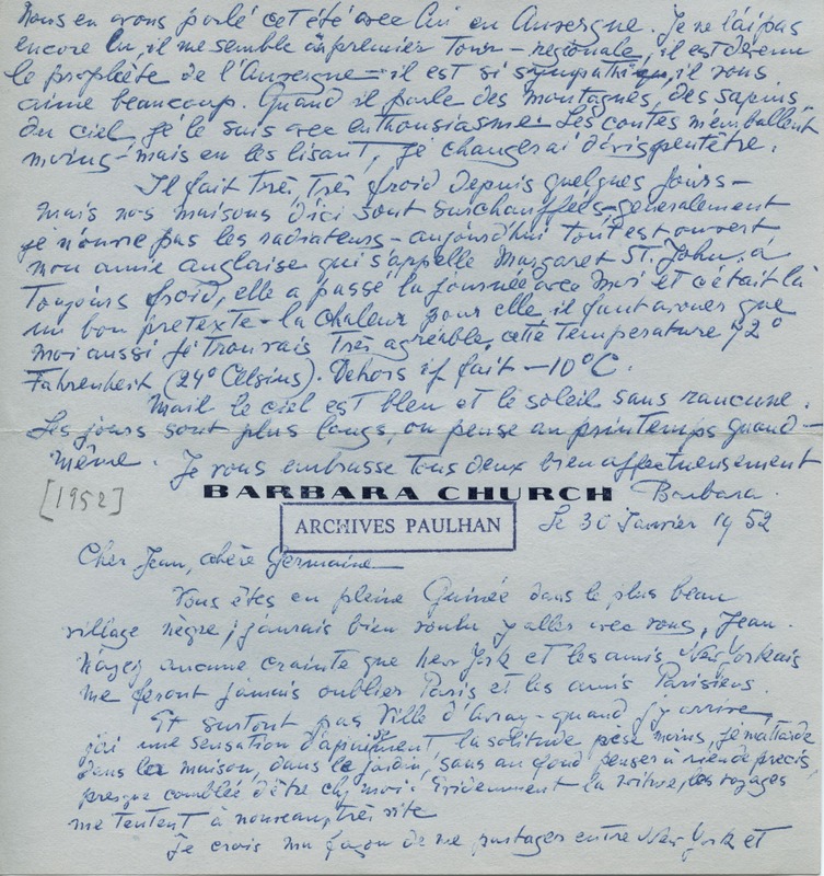 Lettre de Barbara Church à Jean Paulhan (30 janvier 1952)