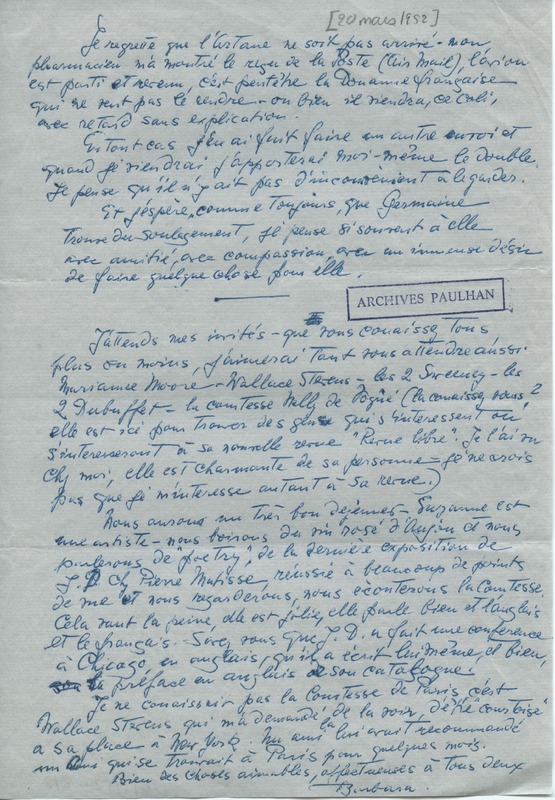 Lettre de Barbara Church à Jean Paulhan (20 mars 1952)