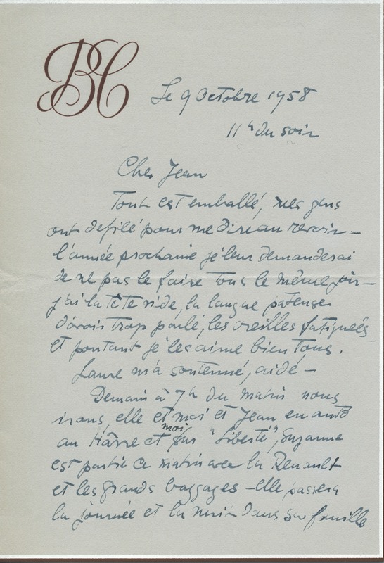 Lettre de Barbara Church à Jean Paulhan (9 octobre 1958)