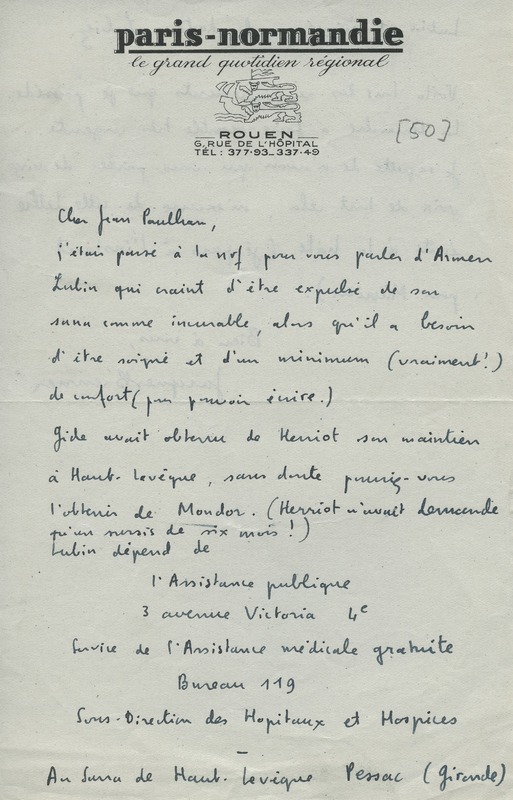 Lettre de Jacques Brenner à Jean Paulhan, 1950