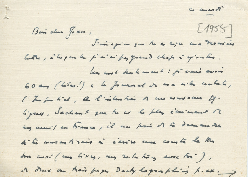 Lettre de Léon Bopp à Jean Paulhan, 1955