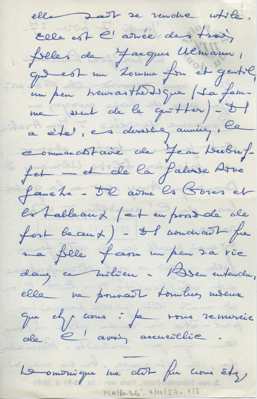 Lettre de René Bertelé à Jean Paulhan, 1957-11-07