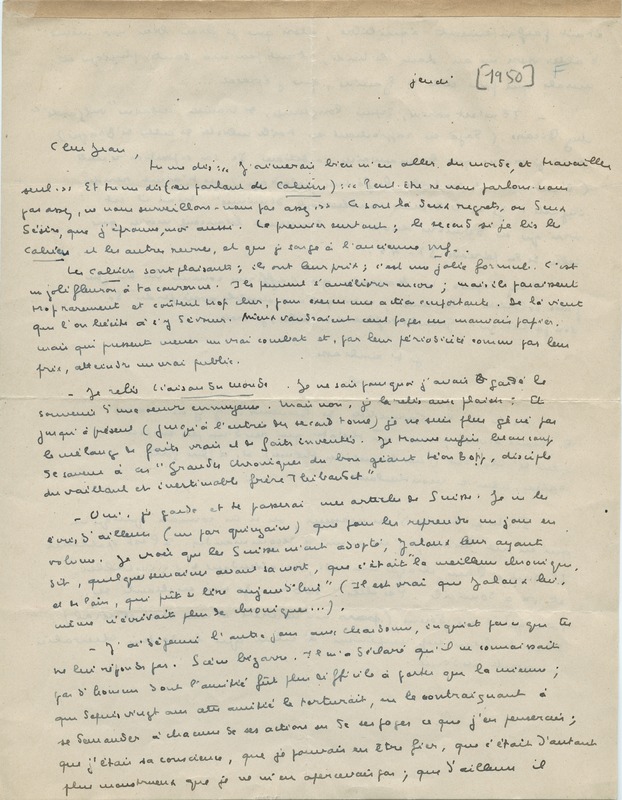 Lettre de Marcel Arland à Jean Paulhan, 1950