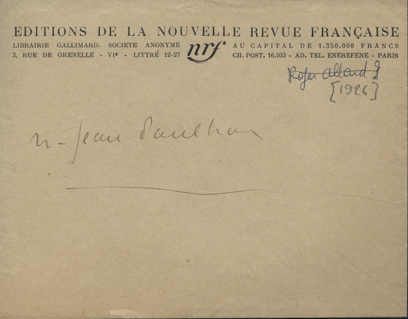 Lettre de Roger Allard à Jean Paulhan, 1926 Lettre de Roger Allard à Jean Paulhan, 1926