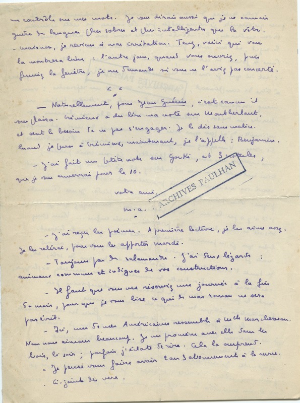 Lettre de Marcel Arland à Jean Paulhan, 1927
