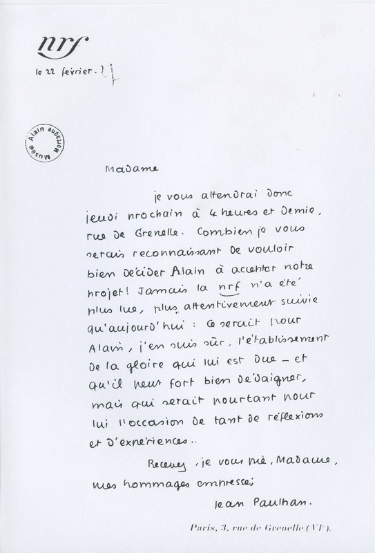 Lettre de Jean Paulhan à Gabrielle Alain-Chartier, 1927-02-22 Lettre de Jean Paulhan à Gabrielle Alain-Chartier, 1927-02-22