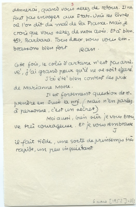 Lettre de Jean Paulhan à Barbara Church (6 mars 1952)
