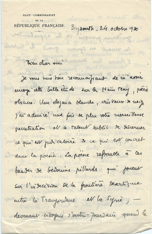 Lettre de Gabriel Bounoure à Jean Paulhan, 1930-10-24