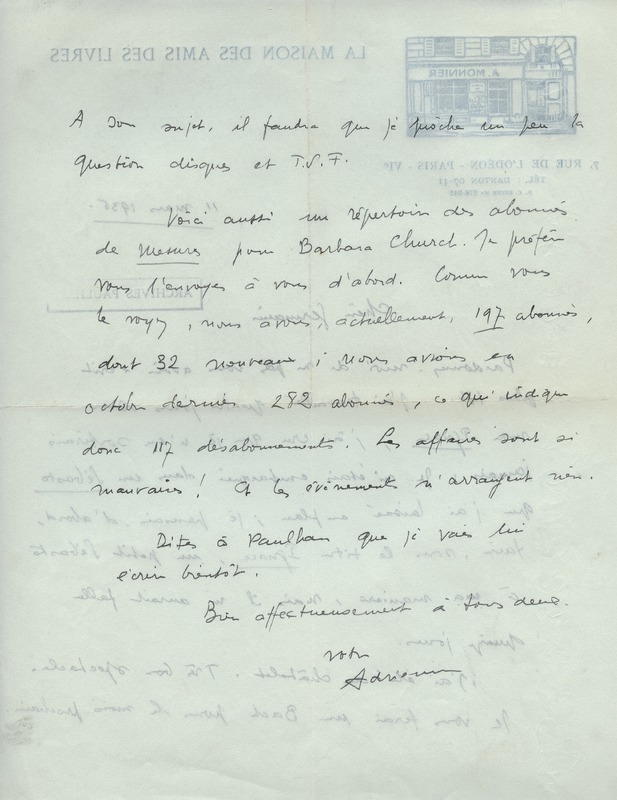 Lettre d'Adrienne Monnier à Jean Paulhan, 1936-03-11