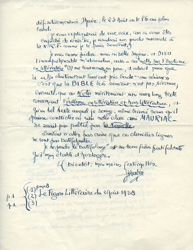 Lettre de Jean Arabia à Jean Paulhan, 1958-08-06