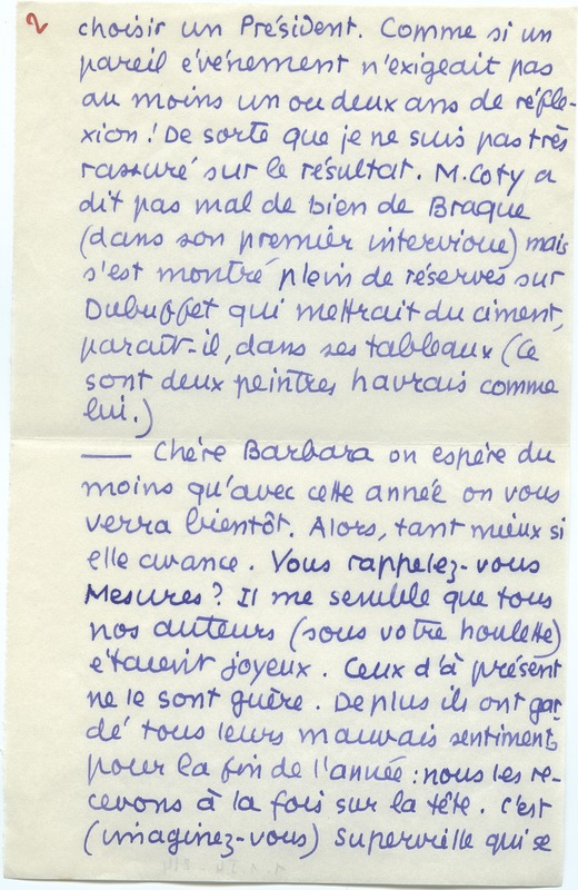 Lettre de Jean Paulhan à Barbara Church (1er janvier 1954)